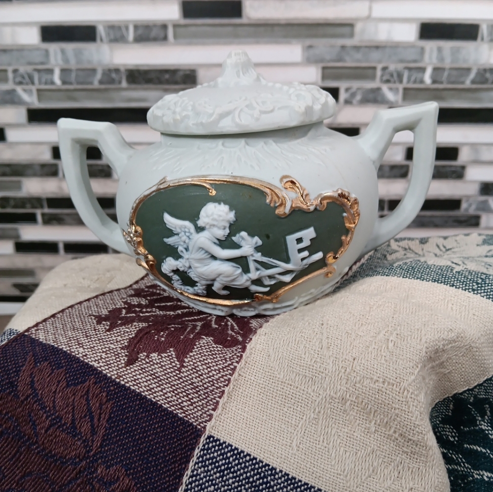 Antique Green Jasper Ware Sugar Bowl Gold Gilded Angel Cherub Schafer Vater
